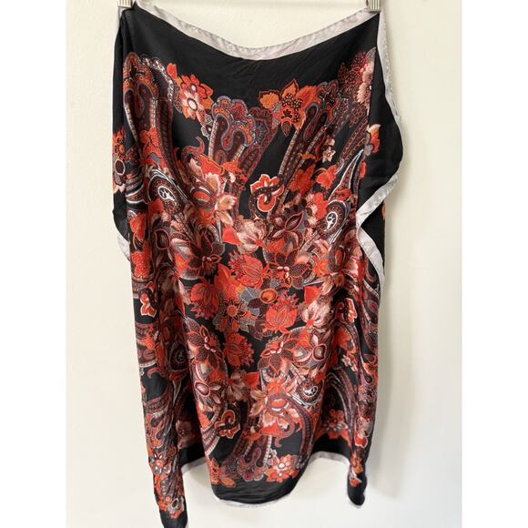 Tie Rack London Silk Scarf Rolled Hem Square Black Red Floral Geometric Artsy - Picture 6 of 9